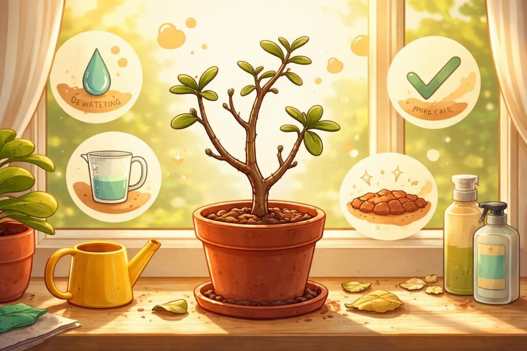 Geldbaum verliert alle Blätter: was jetzt noch hilft Nahaufnahme eines Geldbaums mit kahlen Zweigen, traurigem Erscheinungsbild im Zimmerlicht