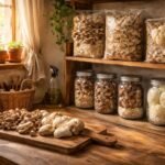 Frisch geerntete Speisepilze in einer transparenten Schale auf Holzunterlage, beleuchtet.