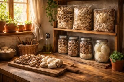 Frisch geerntete Speisepilze in einer transparenten Schale auf Holzunterlage, beleuchtet.