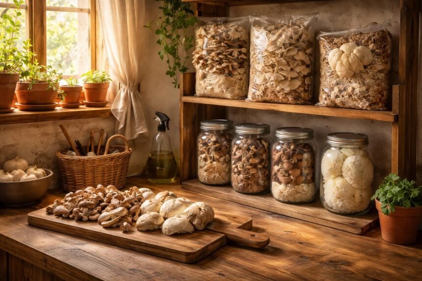 Frisch geerntete Speisepilze in einer transparenten Schale auf Holzunterlage, beleuchtet.