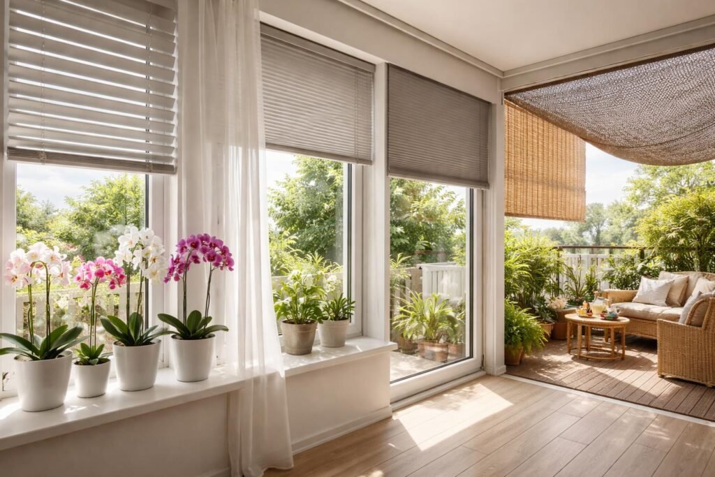 Sonnenbrand bei Orchideen: Ideen für Blätter-Sonnenschutz Orchideenblätter vor Fensterlicht, Sonnenbrand sichtbar, Tipps zur Blätter-Schattierung und Schutz.