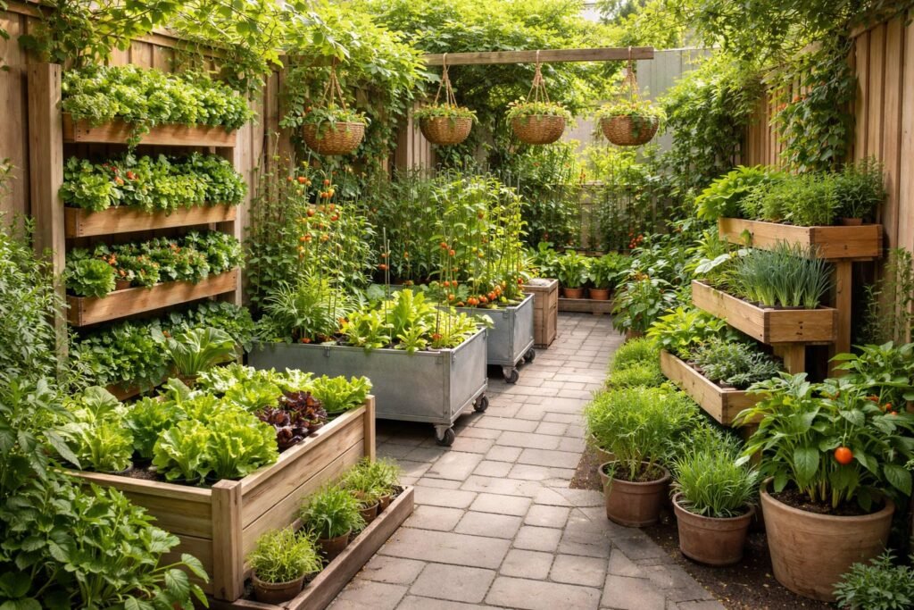 Gärtnerin nutzt vertikale Pflanzen, schmale Beete und Treppenbeete effektiv zur Flächennutzung.