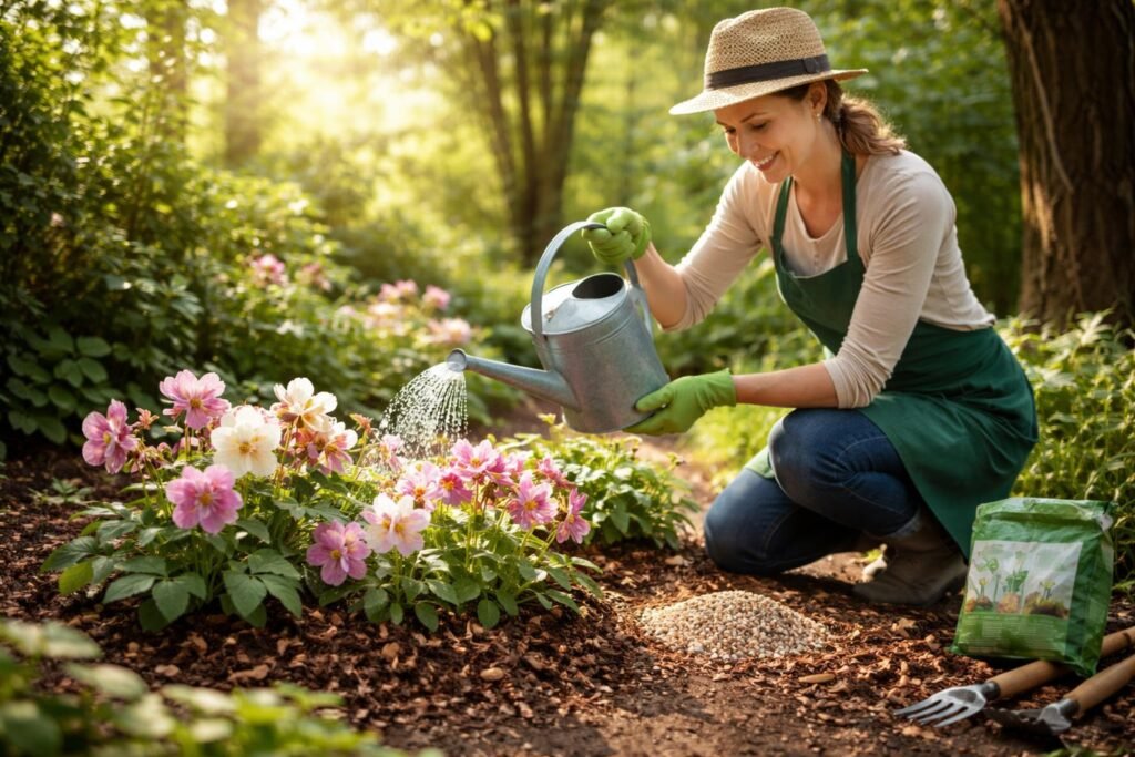 Gärtner gießt Lenzrosen, mulcht Beete und düngt den Boden im Frühling
