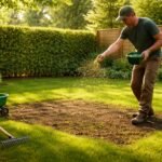Frisch gesäter, dichter grüner Rasen, Gartenzubehör und Pflegehinweise sichtbar für Nachsaaten.