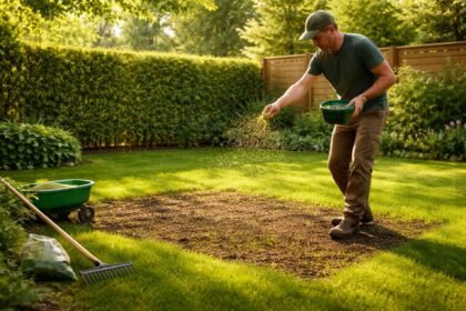 Frisch gesäter, dichter grüner Rasen, Gartenzubehör und Pflegehinweise sichtbar für Nachsaaten.