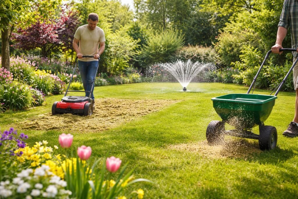 Grüner Rasen im Frühling, Vertikutieren, Säen, Bewässerung und pflegende Gartenszene.