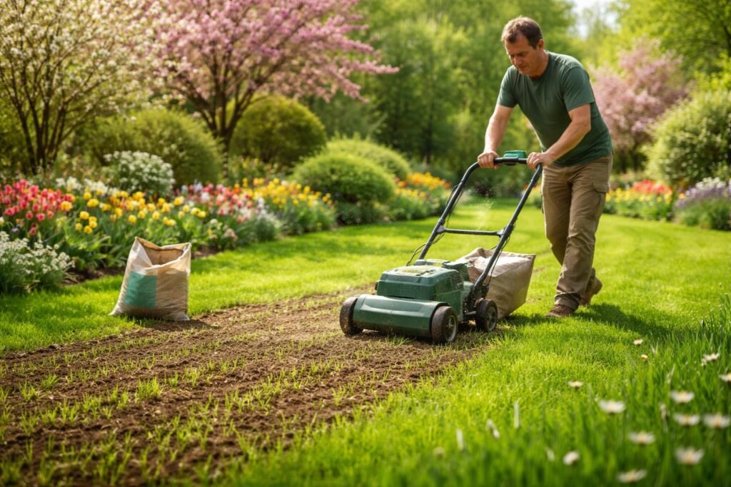 - Frühling im Garten: Rasen vertikutieren, säen und neue grüne Flächen entstehen.