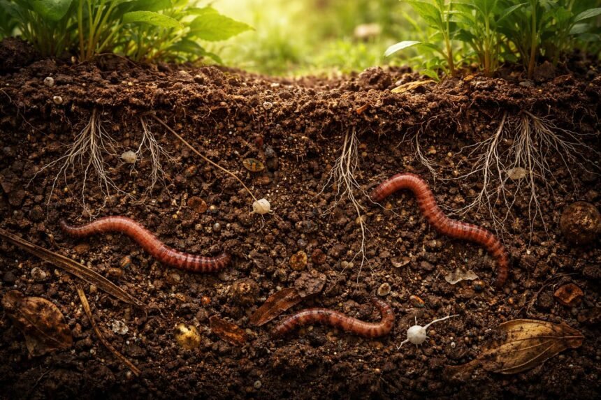- Regenwürmer verbessern Bodenstruktur, Nährstoffe mobilisieren, Wurzelwachstum fördern und nachhaltige Bodengesundheit sichern