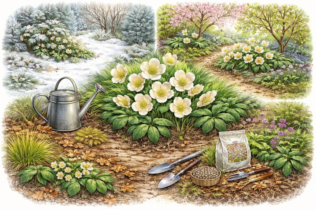 Christrose im Garten, richtige Bewässerung, Düngung und Pflege im Jahresverlauf.