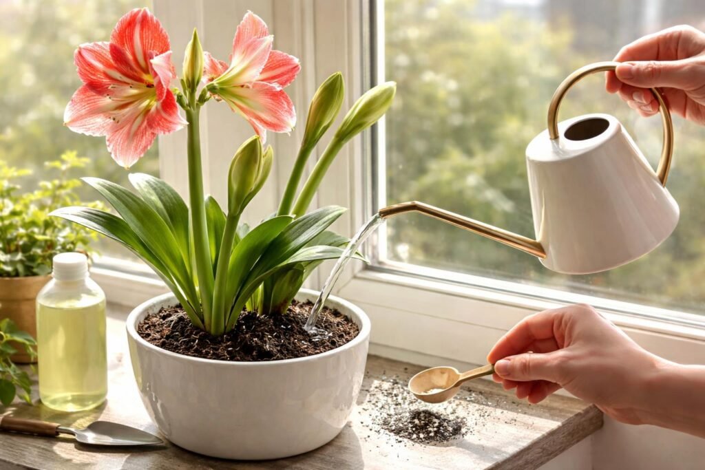 Nahaufnahme einer heranwachsenden Amaryllis-Knospe, während sorgfältig gegossen und gedüngt wird.