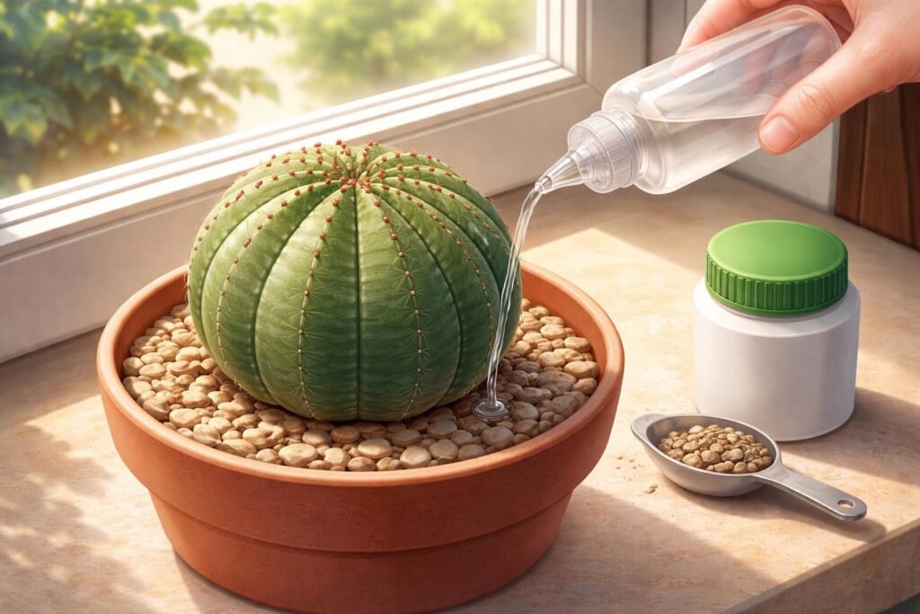 - Euphorbia obesa im flachen Topf, korrekte Bewässerung, sparsame Düngung regelmäßig angewendet.