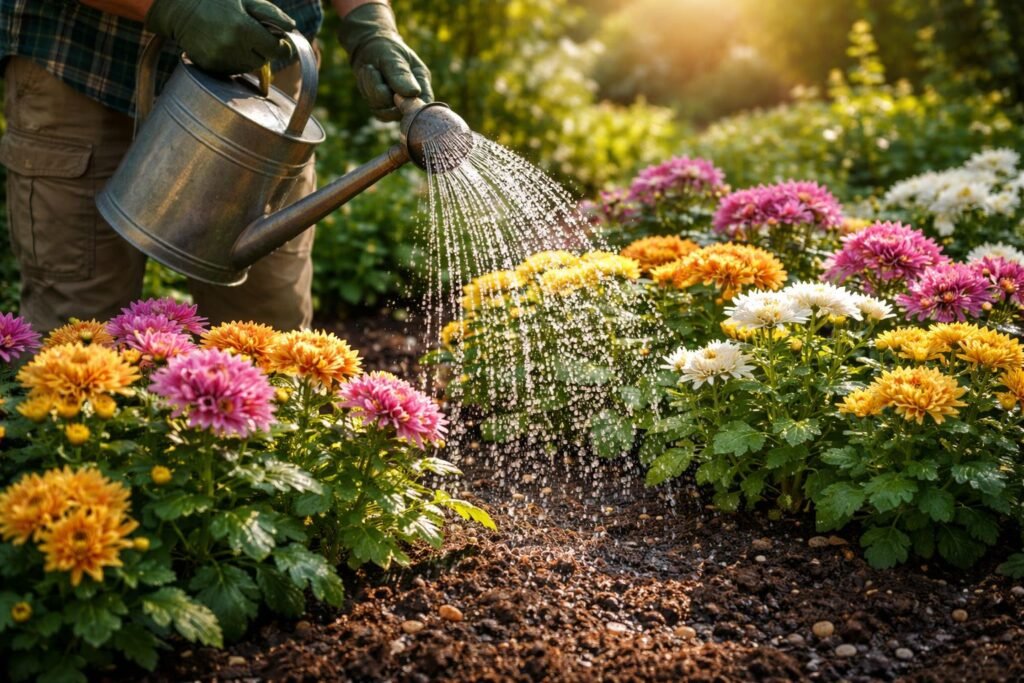 Chrysanthemen: Blütezeit, Standort & Pflege Nahaufnahme von Chrysanthemen, gesunde Blüten, feuchte Erde und grüne Blätter