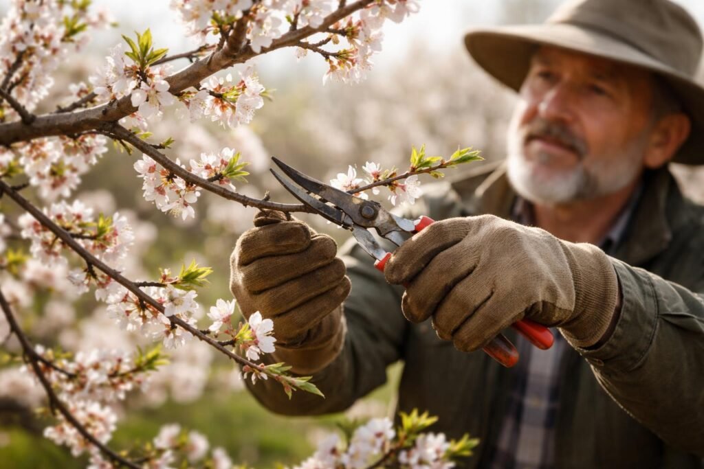 Frühlings-Mandelbaum zeigt frische Triebe und geöffnete Blütenknospen, Gartenschere sichtbar im Bild.