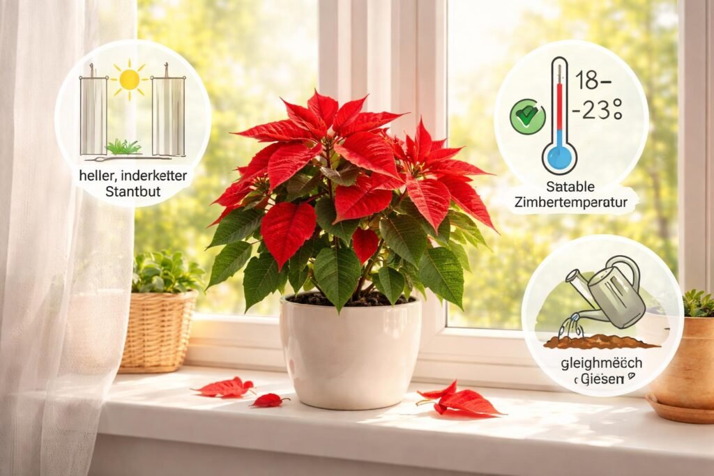 Roter Weihnachtsstern verliert Blätter, gelbliche Verfärbungen sichtbar, Pflegetipps Standort und Gießen.