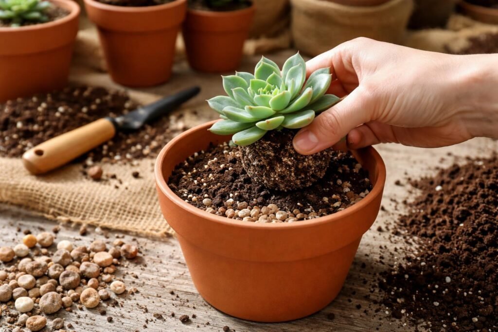 Aloe Vera zu viel Wasser gegeben: Was tun? Aloe Vera wird umgetopft, frische Erde, Topf mit Drainage sichtbar