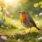 - Rotkehlchen im Garten, neugierig, singend, zwischen Blüten, Gras und Laub, friedlich