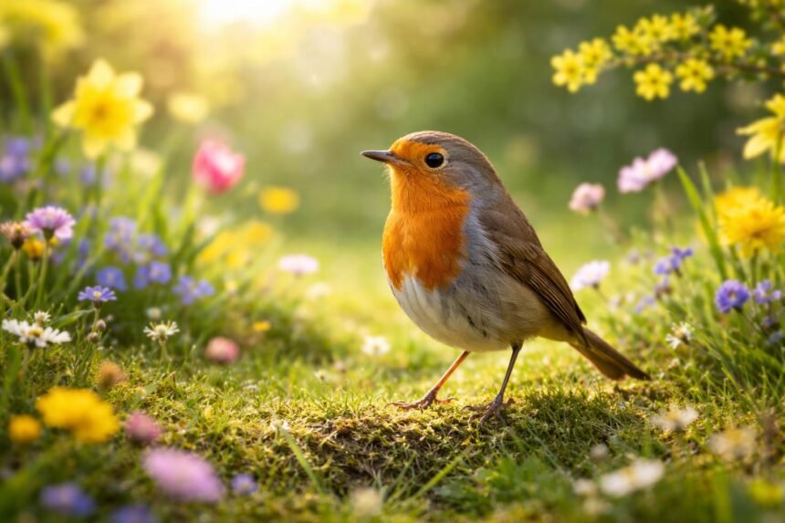 - Rotkehlchen im Garten, neugierig, singend, zwischen Blüten, Gras und Laub, friedlich