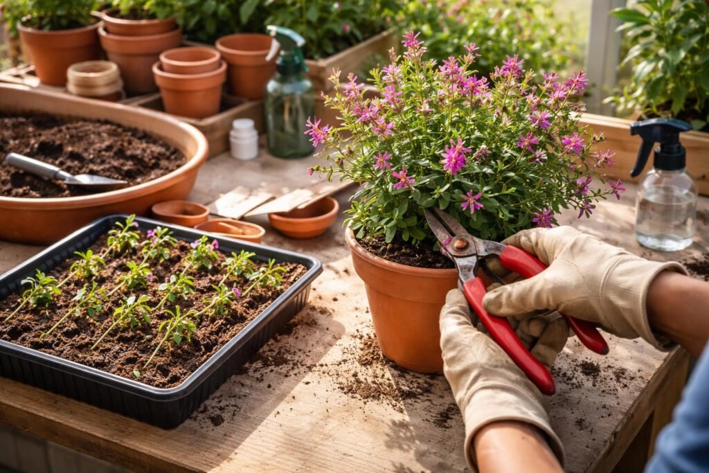 Gärtner schneidet Cuphea zurück, topft um und vermehrt sie durch Stecklinge.