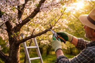 Gepflegter Sauerkirschbaum nach dem Schnitt mit gesundem Fruchtholz und Fruchtwachstum.