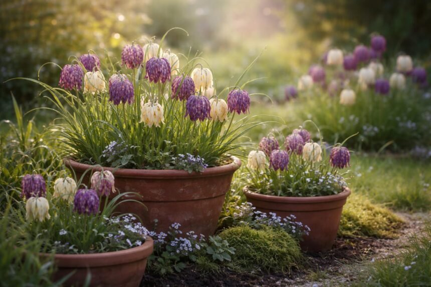 Schachbrettblume, Fritillaria meleagris - Pflege im Garten/Topf Schachbrettblume Fritillaria meleagris im Beet oder Topf; schachbrettartig gemustert; zart und märchenhaft.