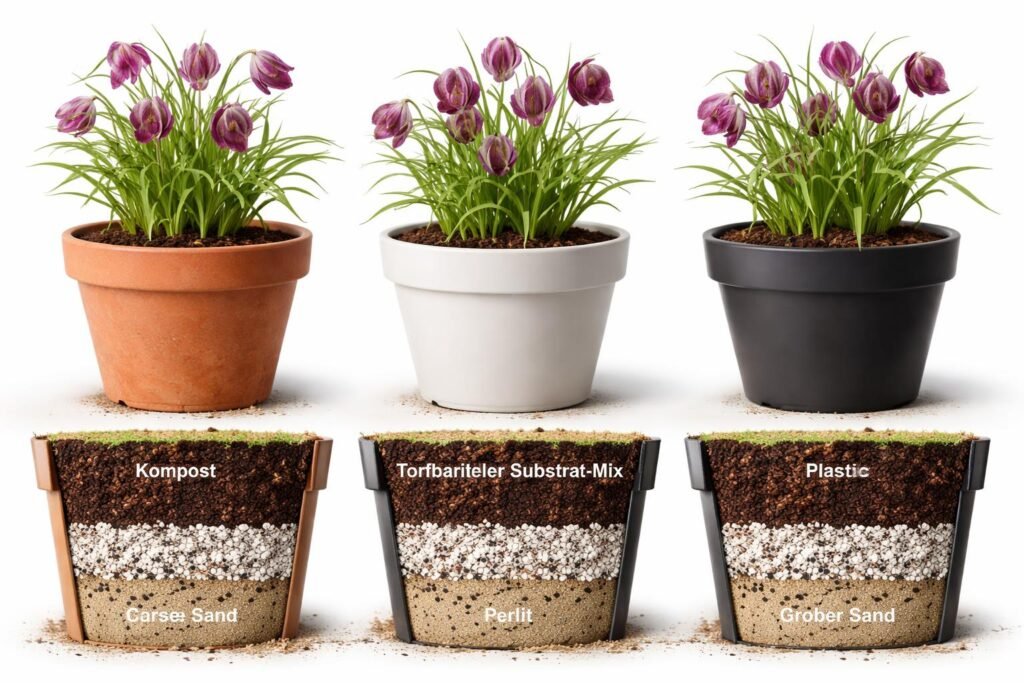 Schachbrettblume, Fritillaria meleagris - Pflege im Garten/Topf - Schachbrettblume im Topf: Substratqualität, Gefäßgröße, Drainage für Wachstum und Bewässerungsbedarf berücksichtigen