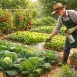 Detailaufnahme von Gemüsegarten mit Blattläusen, Schnecken und Kohlweißling im Beet