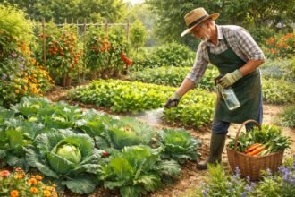 Detailaufnahme von Gemüsegarten mit Blattläusen, Schnecken und Kohlweißling im Beet