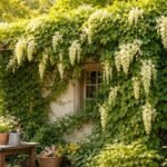 Weiße Blütenrispen der Kletterpflanze an der Fassadenbegrünung, summende Bienen darunter