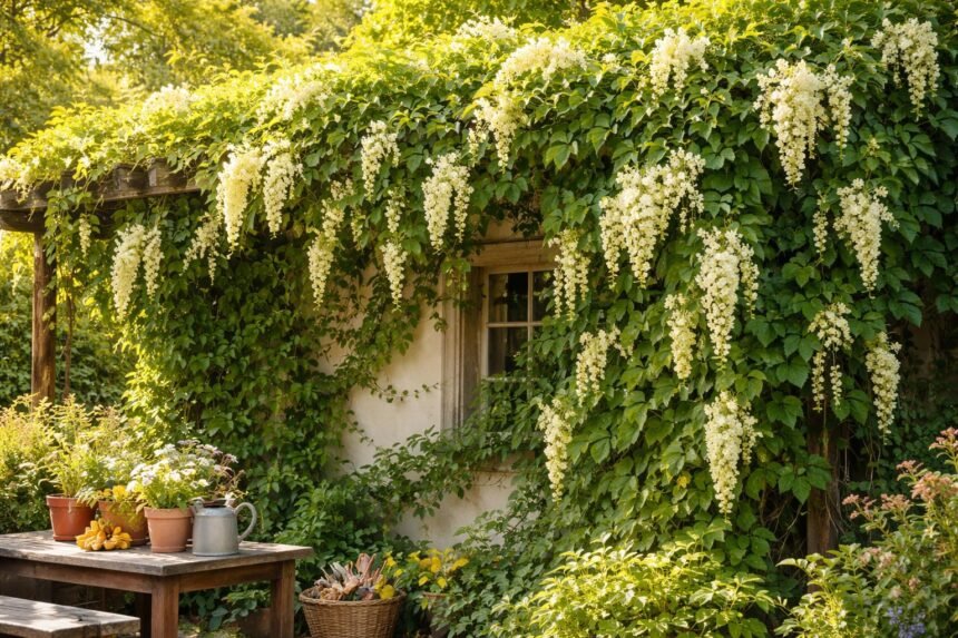 Weiße Blütenrispen der Kletterpflanze an der Fassadenbegrünung, summende Bienen darunter