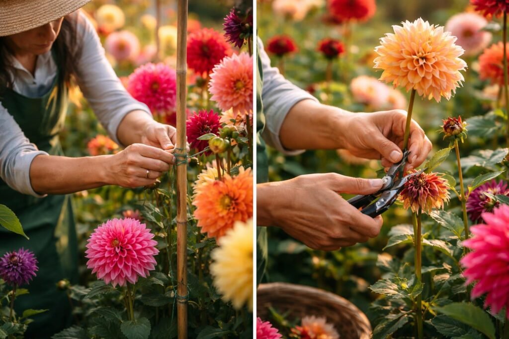 Dahlien pflegen: Pflege-Tipps vom Experten Bild zeigt Dahlien mit Stützen, Blütenköpfen und gesunden Pflanzen im Beet bei Sonnenlicht.