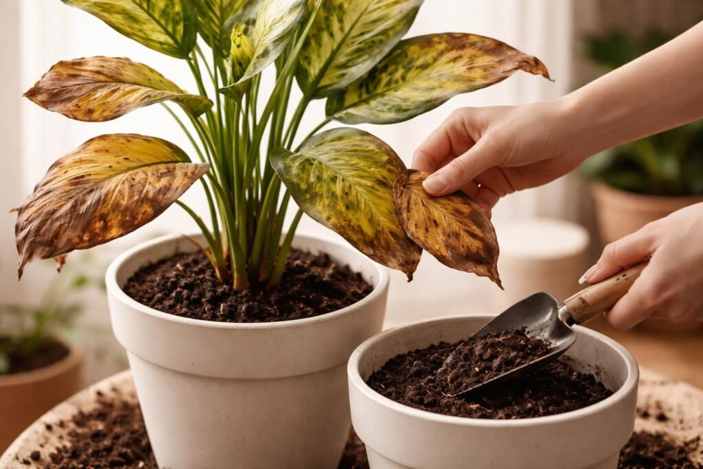 Eine Dieffenbachia mit gelblichen Blättern neben einer Gießkanne, Erste-Hilfe-Maßnahmen bereit.
