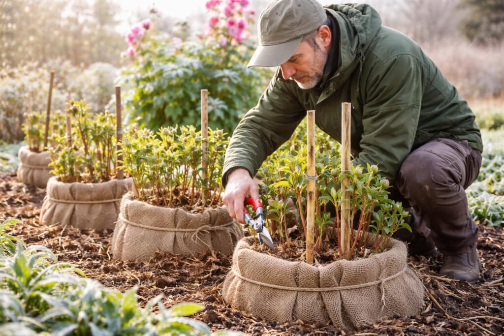 Stockrosen, Stockmalve, Garten-Pappelrose, Bauernrose - Pflege Gärtner prüft Bauernrosen beim Schnitt, Stützen und Winterschutz im Garten vor dem Winter.