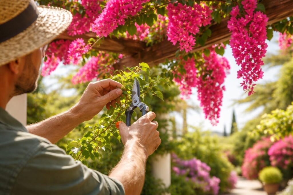 Blühende Bougainvillea im Sonnengarten, sorgfältiger Schnitt betont schöne Blütenpracht und Farbenvielfalt