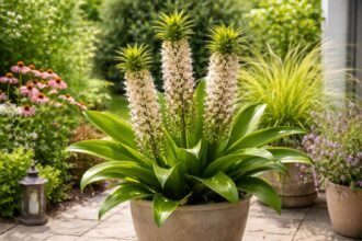 • Schopflilie Eucomis mit exotischer Blütenkerze und Blattschopf im Garten auf Balkon
