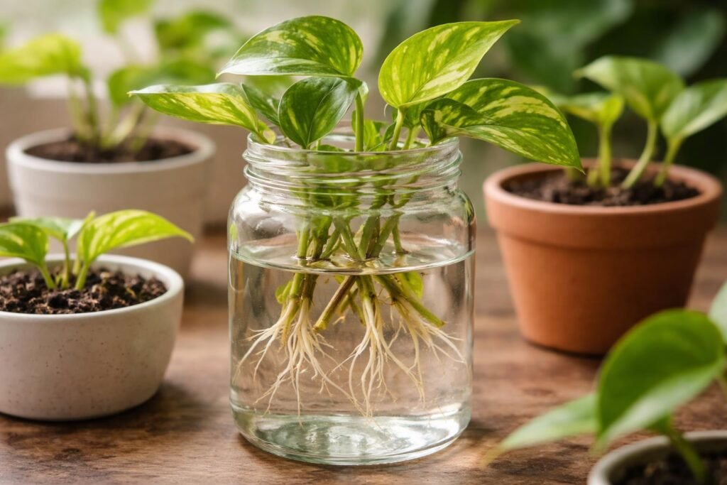 Eine gesunde Efeutute-Ableger wird vorsichtig in Wasser oder Erde bewurzelt.