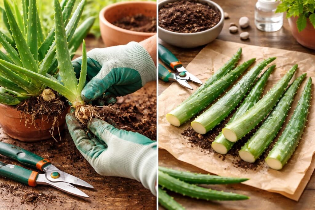 Nahaufnahme eines Aloe-Vera-Stecklings, der sorgfältig von einer Mutterpflanze getrennt wird und zur Vermehrung vorbereitet.