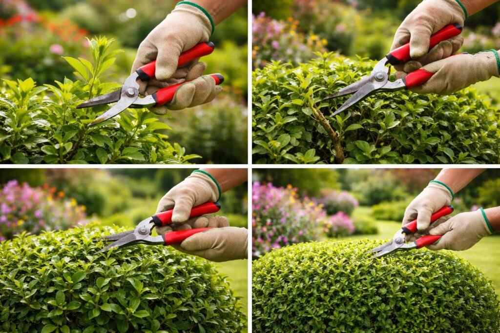 Gärtner schneidet Sträucher in Form, Anleitung zeigt Schritt-für-Schritt beim Rückschnitt