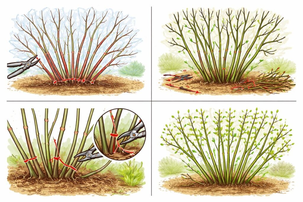 Haselnussstrauch im Februar mit Schnittwerkzeugen, winterlichem Garten, kräftiges Wachstum und sorgfältigen Schnitttechniken.