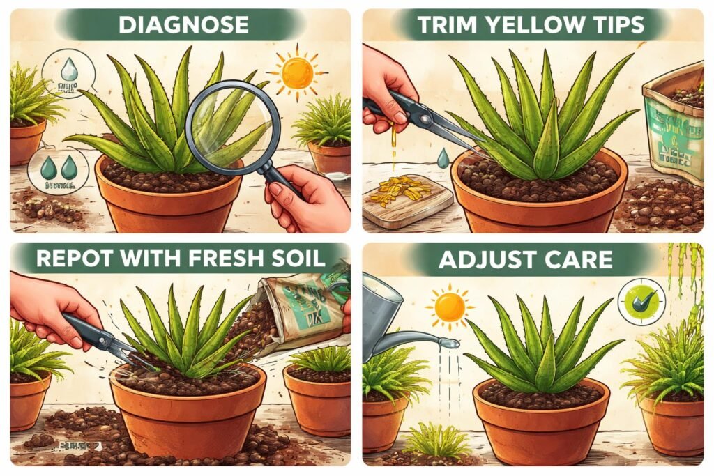 Aloe vera Blätter haben gelbe Spitzen: was tun? Aloe vera Blätter mit gelben Spitzen während einer schrittweisen Rettung der Pflanze