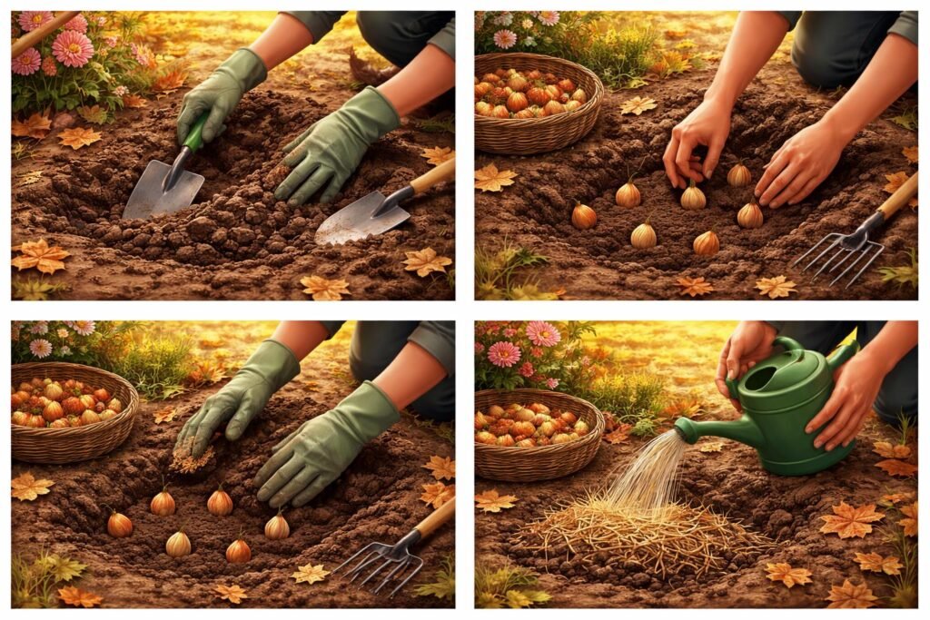 - Herbstzeit wird Pflanzzeit: Zwiebeln sorgfältig in lockere Erde legen, Erde andrücken.