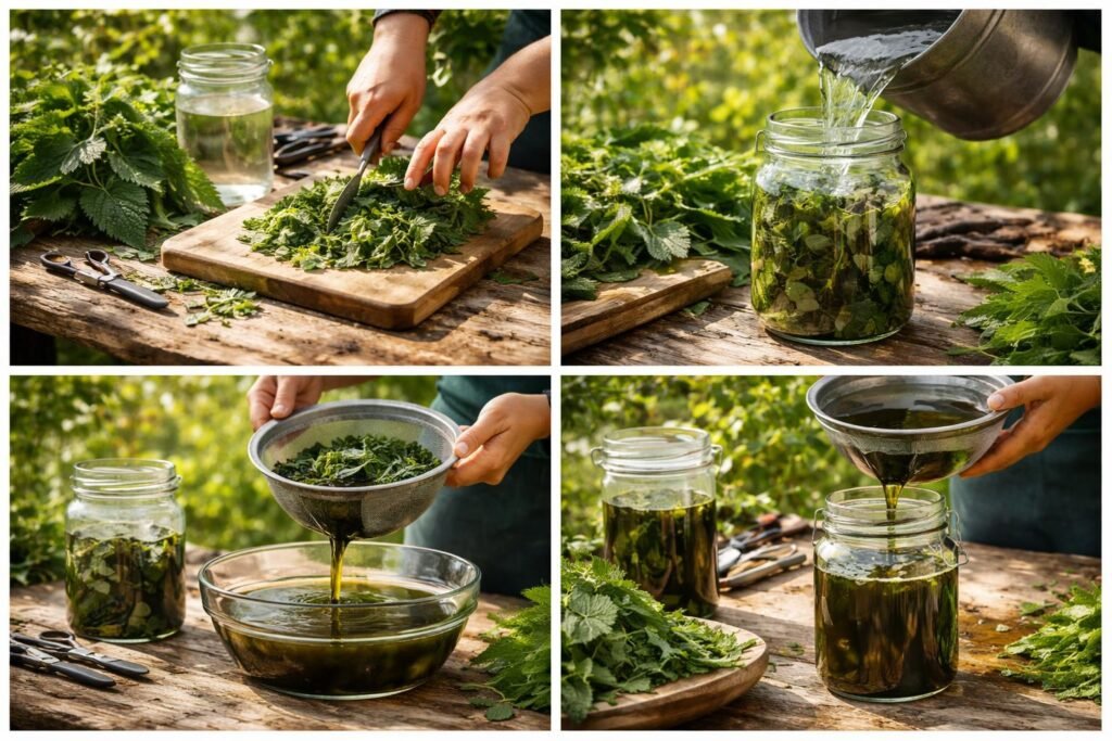 - Schritte zum Ansetzen der Brennnesseljauche in einem hellen Glasbehälter mit Wasser und Geduld für Reife