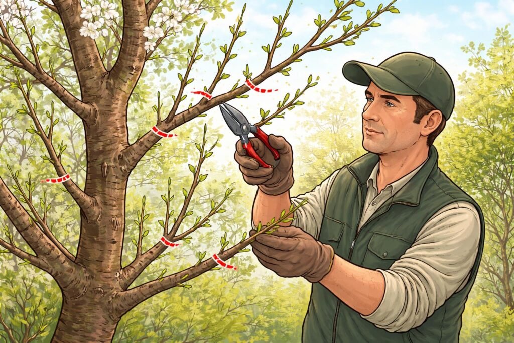 Junge Triebe am Zwetschgenbaum im März werden sachgemäß ausgelichtet und gestützt.