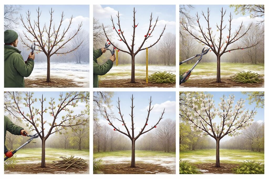 Süßkirschbaum von Februar bis April pflegen: Schnitttechnik für stabile Kronen - Schrittweiser Kronenschnitt am Süßkirschbaum für stabile Krone im Frühjahr und gesundes Wachstum