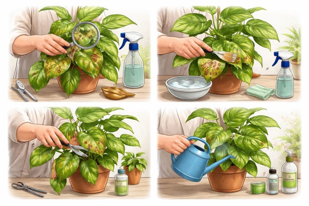 Nahaufnahme einer Efeutute mit braunen Flecken und sichtbaren Behandlungsschritten für Zuhause