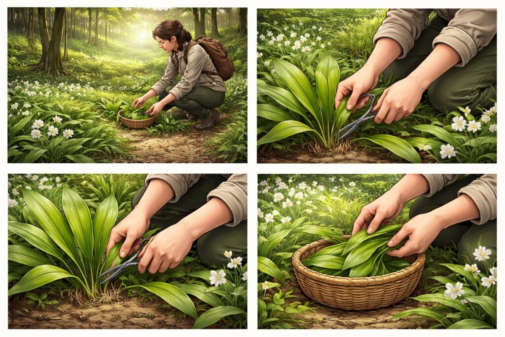 Nahaufnahme von frischem Bärlauch, geordnete Pflücktechnik und leuchtend grüne Blätter.