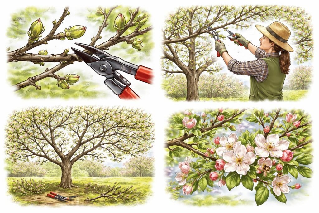 Frühlingsschnitt beim Apfelbaum: So förderst du Blüten und Ertrag von Februar bis April Schritt-für-Schritt Anleitung zum Frühlingsschnitt eines Apfelbaums im Obstgarten, inklusive Blütenfokus.