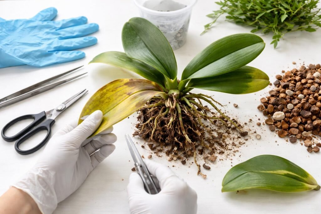 Orchideen Wurzeln und Blätter faulen ab: was tun? Nahaufnahme faulender Orchideenwurzeln, feuchte Erde, schlaffe Blätter und sichtbare Schimmelflecken.