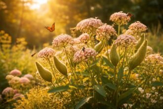 - Seidenpflanze mit seidig wirkenden Blüten, auffälligen Samenkapseln, Öko-Nutzen für Schmetterlinge