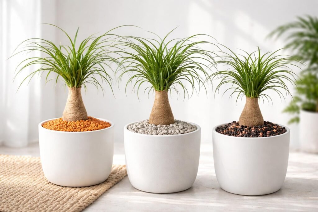 Beaucarnea recurvata (Elefantenfuß) in Topf mit Seramis-Granulat und Bims als Substrat