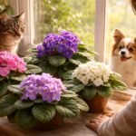 Eine Usambaraveilchen auf einer Fensterbank mit grünen Blättern und zarten violetten Blüten